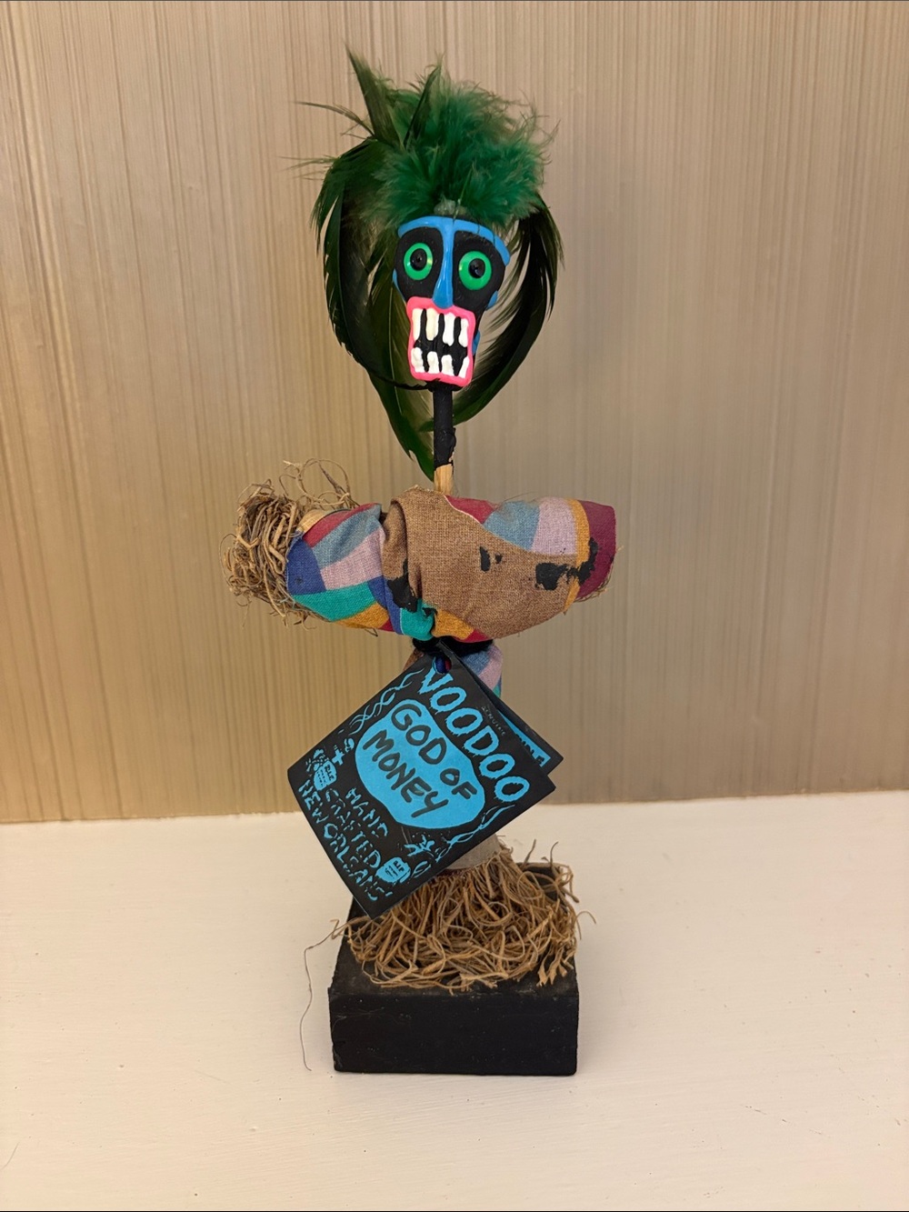 Handmade Green-Feather Voodoo Figurine - God of Money Sculpture